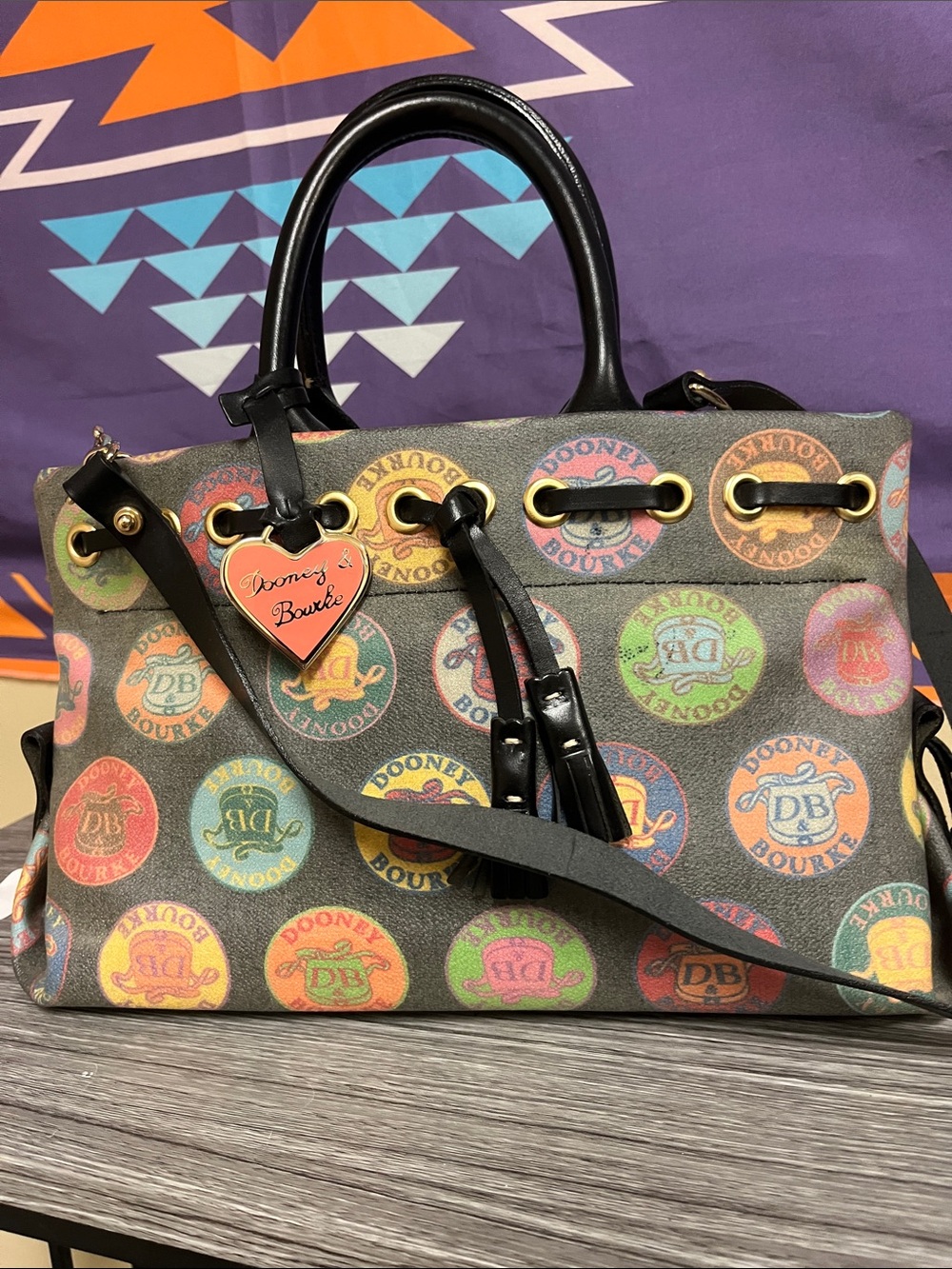 Dooney & Bourke Black Handle Multicolor Logo Satchel